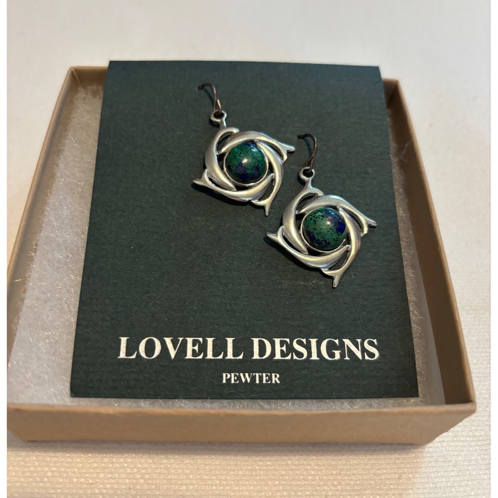 Lovell Designs Ken Kantro Earthsong Pewter Azurite Malachite Earrings dolphin